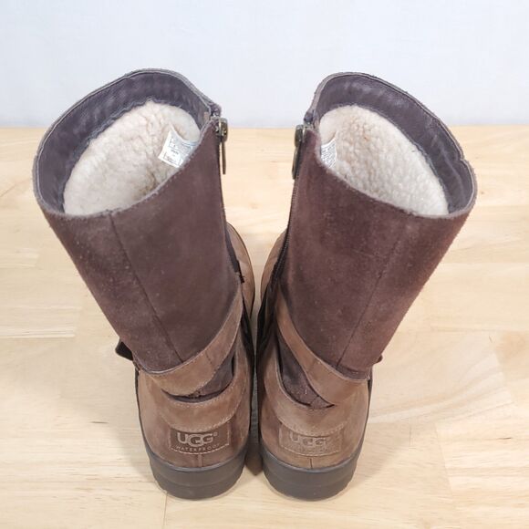 Ugg Lorna Boots Brown Women's Sz 8 Waterproof Biker Bootie Leather Riding-Snow - Picture 7 of 13